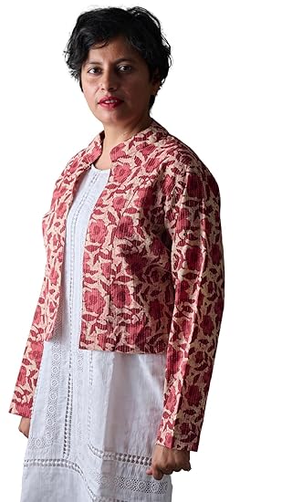 Women's Cotton Blend Jacket | Kantha Embroiderd Ethnic Jacket | Full Sleeves Straight Fit | Shrug (Pink)