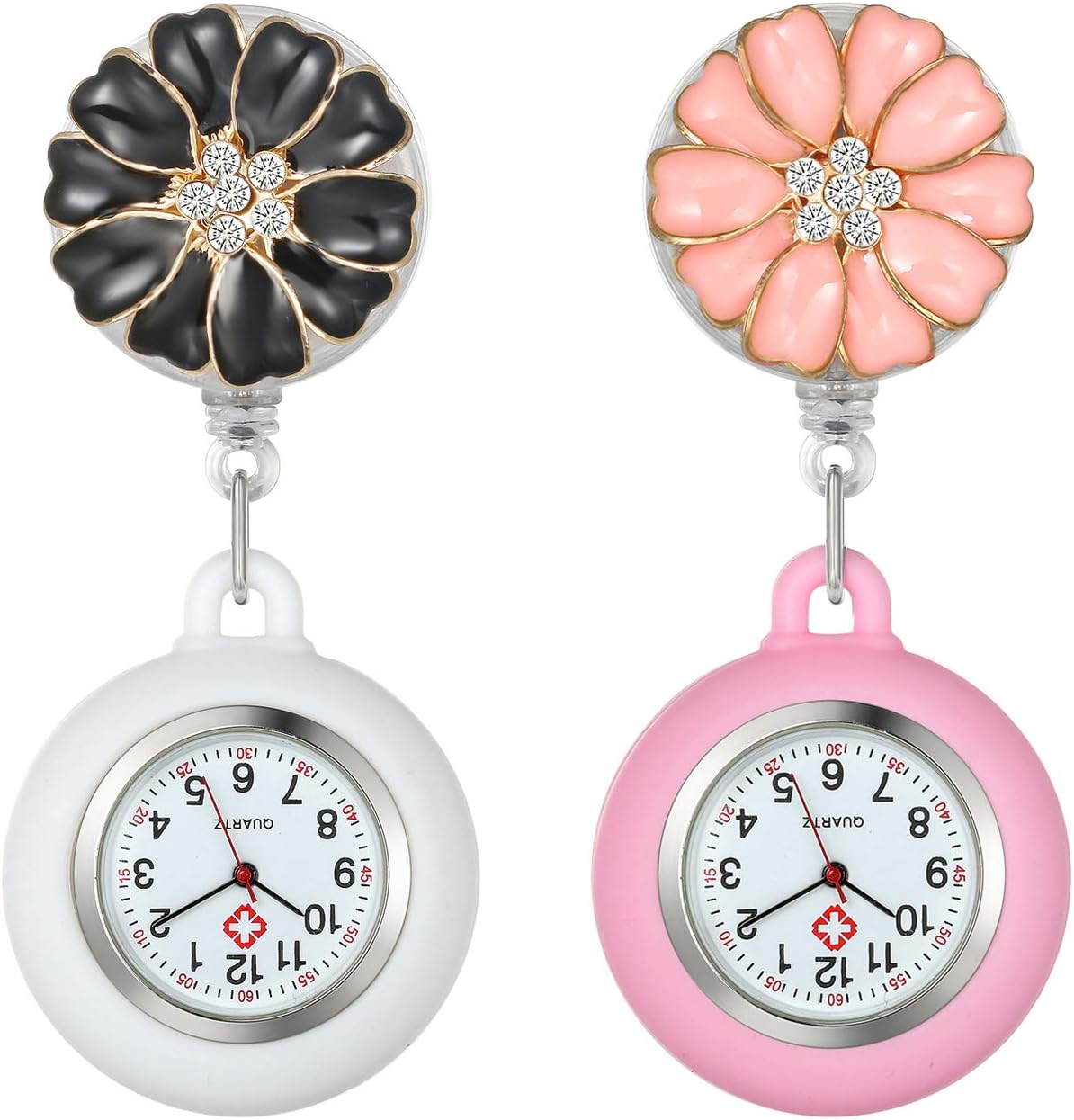Women's Nurse Clip on Watch Cute Flower Lapel Hanging Doctor Clinic Staff Tunic Stethoscope Badge Quartz Fob Pocket Watch with Pink Silicone Cover