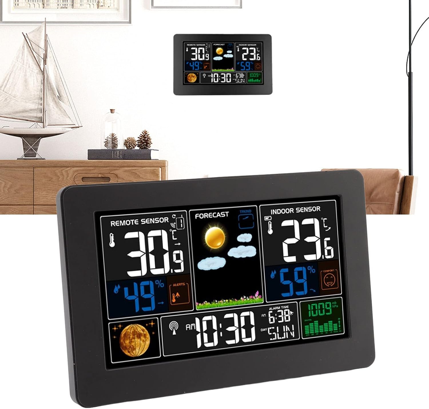 Wireless Weather Station, Large Color Screen Weather Clock with Atomic Clock, High Accu E Tempe Ure Humidity Meter, for Indoor Outdoor Tempe Ure(110-240V-operating System)