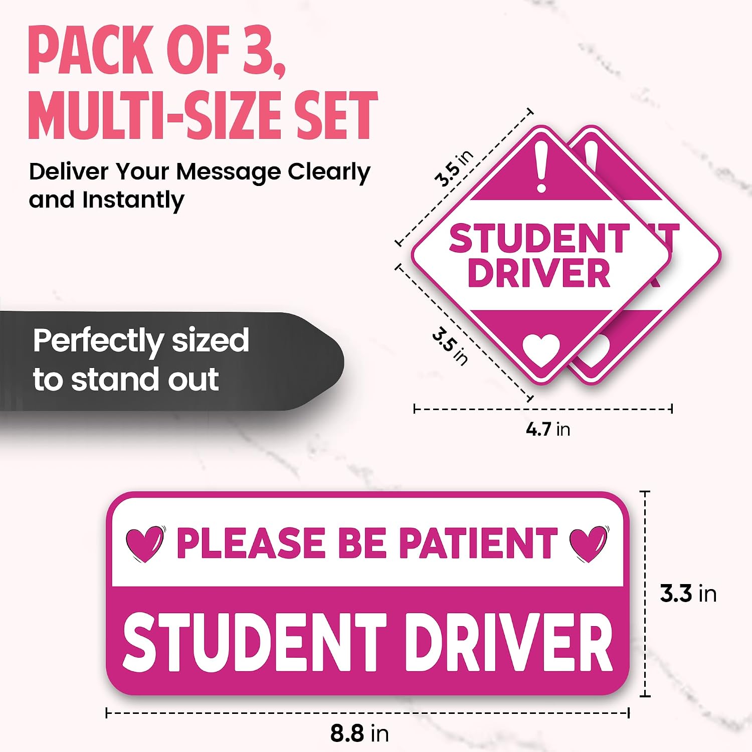 Pink Student Driver Stickers for Car (3 Pc) - Strong Adhesive, Waterproof and Durable Cute Student Driver Sticker. Perfectly Sized for Maximum Safety