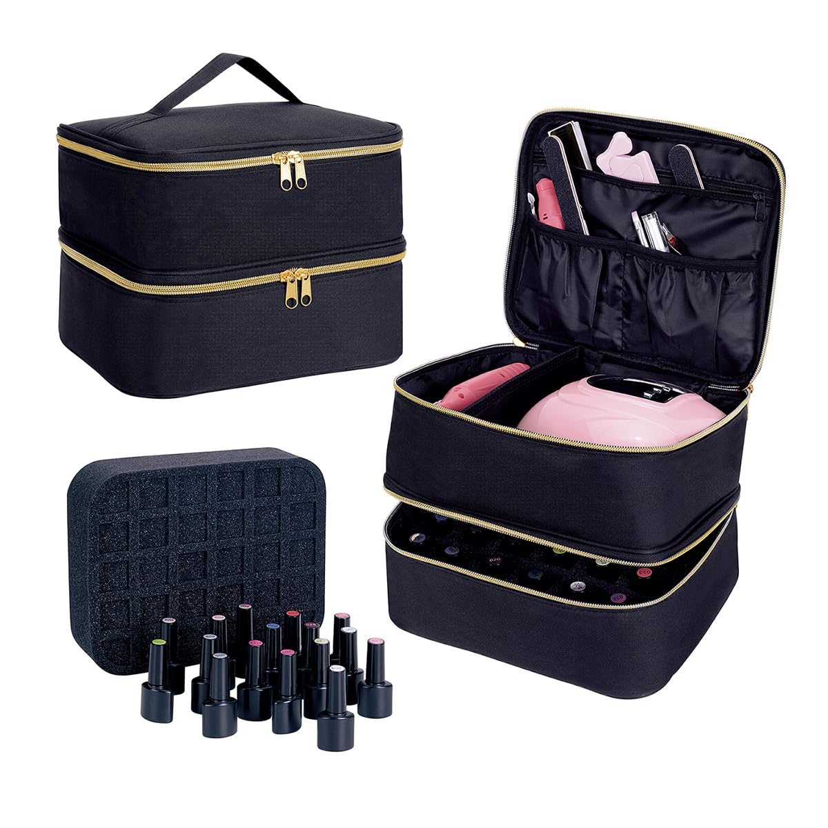 UOZL Nail Polish Organizer, Handheld Double Layer Organizer Holds 30 Bottles (15 ml/0.5 floz) with Adjustable Dividers for Nail Polish Small Manicure Lamp Manicure Tools Essential and Travel,Black