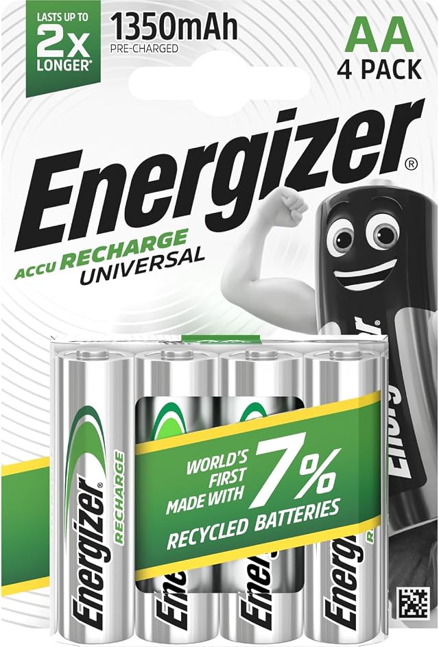 Energizer Recharge Universal - Batterie Ricaricabili AA (Confezione da 4) - Pile 1350 mAh NiMH - pronte all'uso - potenza di lunga durata - 100% imballaggio riciclabile privo di plastica