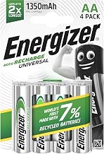 Energizer Recharge Universal AA Rechargeable Batteries (Pack of 4) - 1350 mAh NiMH Batteries - Ready to Use - Long Lasting Power - 100% Recyclable Plastic Free Packaging