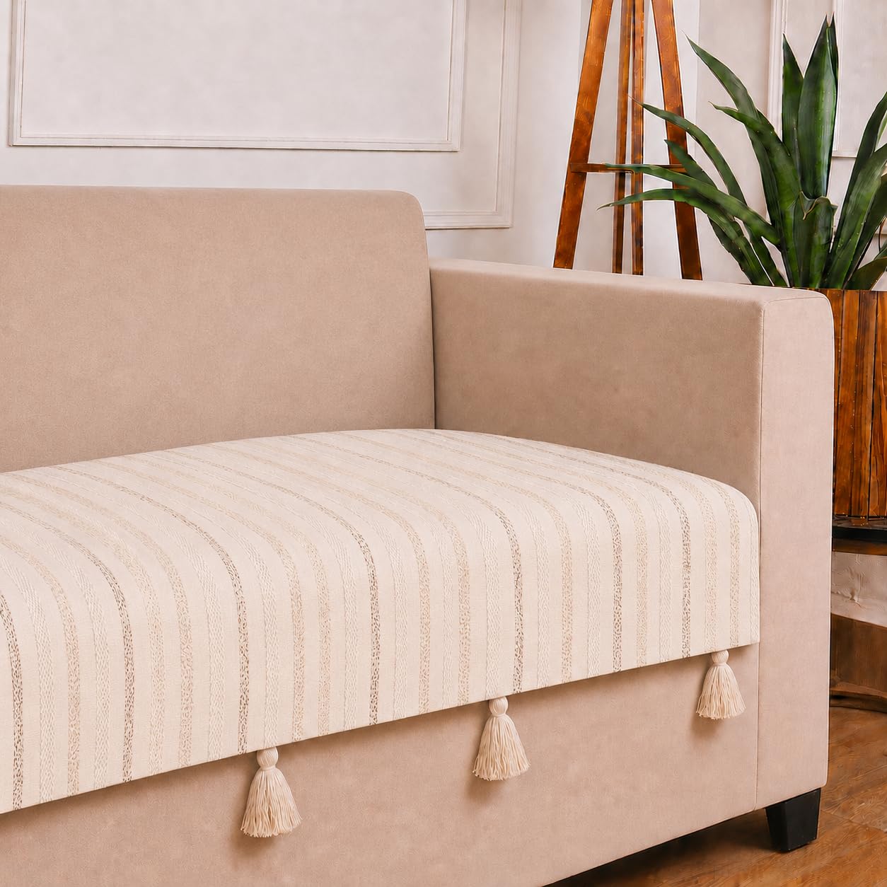 STITCHNEST 'Nomad Weave Collection' 1 Seater Sofa Cover|Elegant Jacquard Fabric, Decorative Tassels, Washable & Durable for Modern Living
