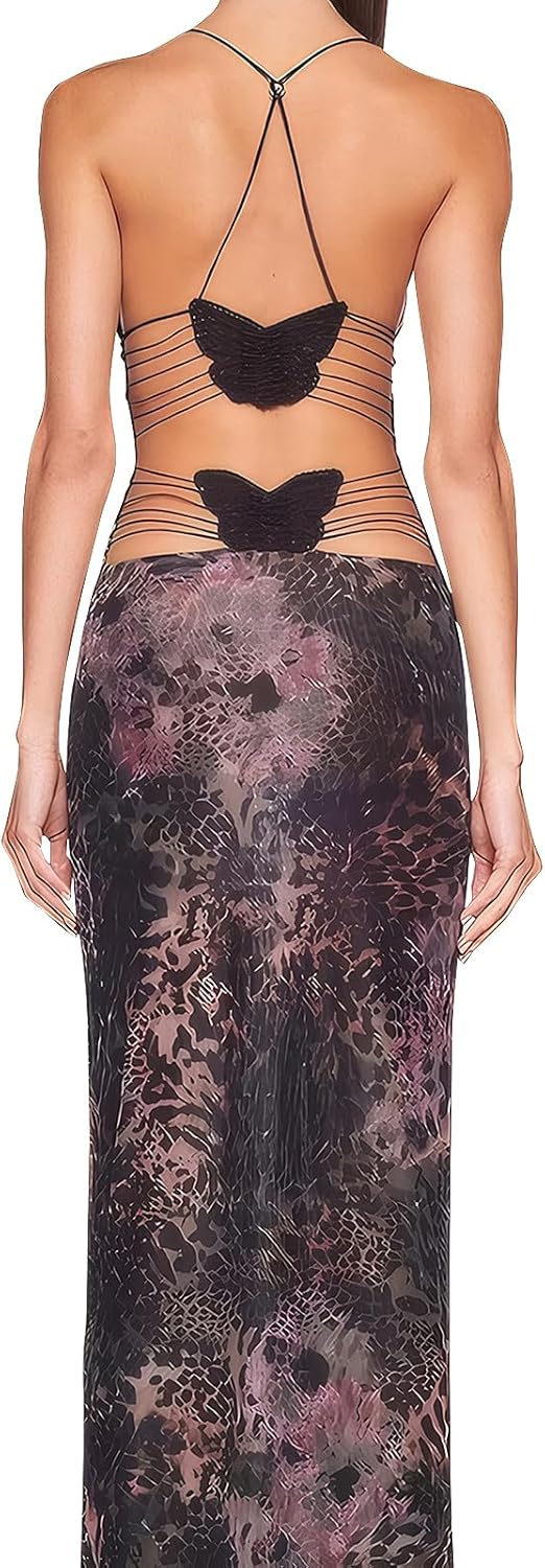 Womens Sexy Maxi Dress Halter Top Backless Floral Print Bodycon Long Dresses Elegant Slim Fit Party Night Cocktail Outfits