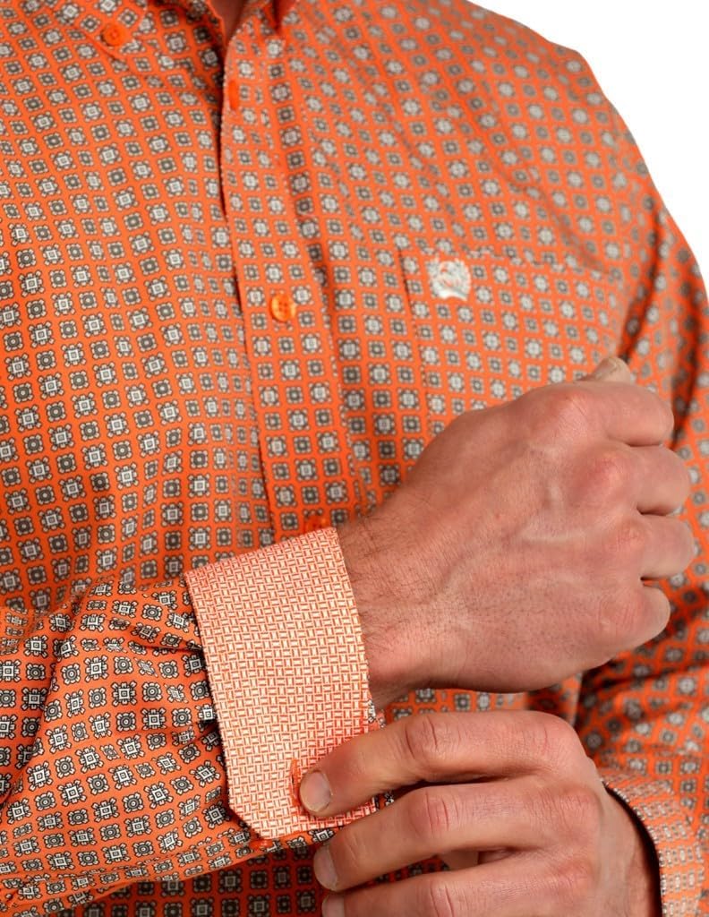 Cinch Men's White Orange Square Print Shirt