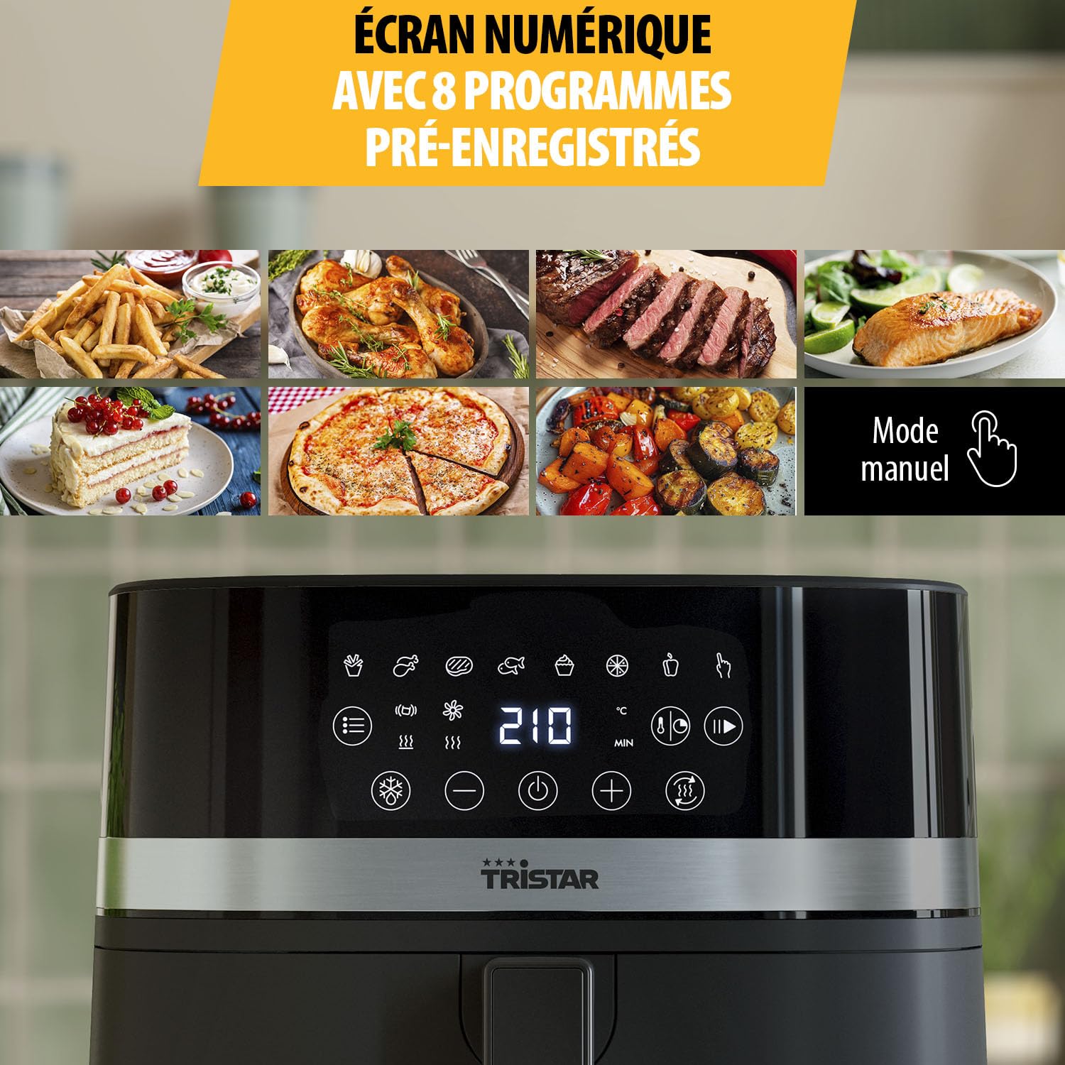 Tristar Friteuse à Air Numérique, 8L Capacité, 2000W, Écran Tactile LED, 7 Programmes + Manuel, Fonction Préchauffage et Maintien au Chaud, Rappel de Secouage, Revêtement Antiadhésif, FR-9418