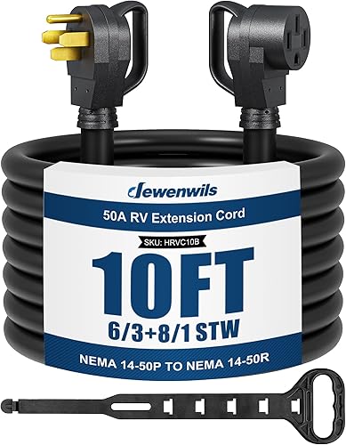 DEWENWILS Cable de extensión EV RV de 50 amperios, 10 pies, NEMA 14-50P a 14-50R 6/3+8/1 cable de cobre, cable de alimentación EV resistente de Negro