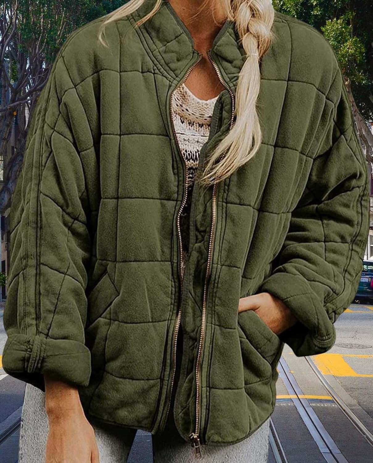 Womens Funky Casual Lightweight Stand Up Collar Long Sleeve Oversized Zipper Jacket With Warm Outer Pockets