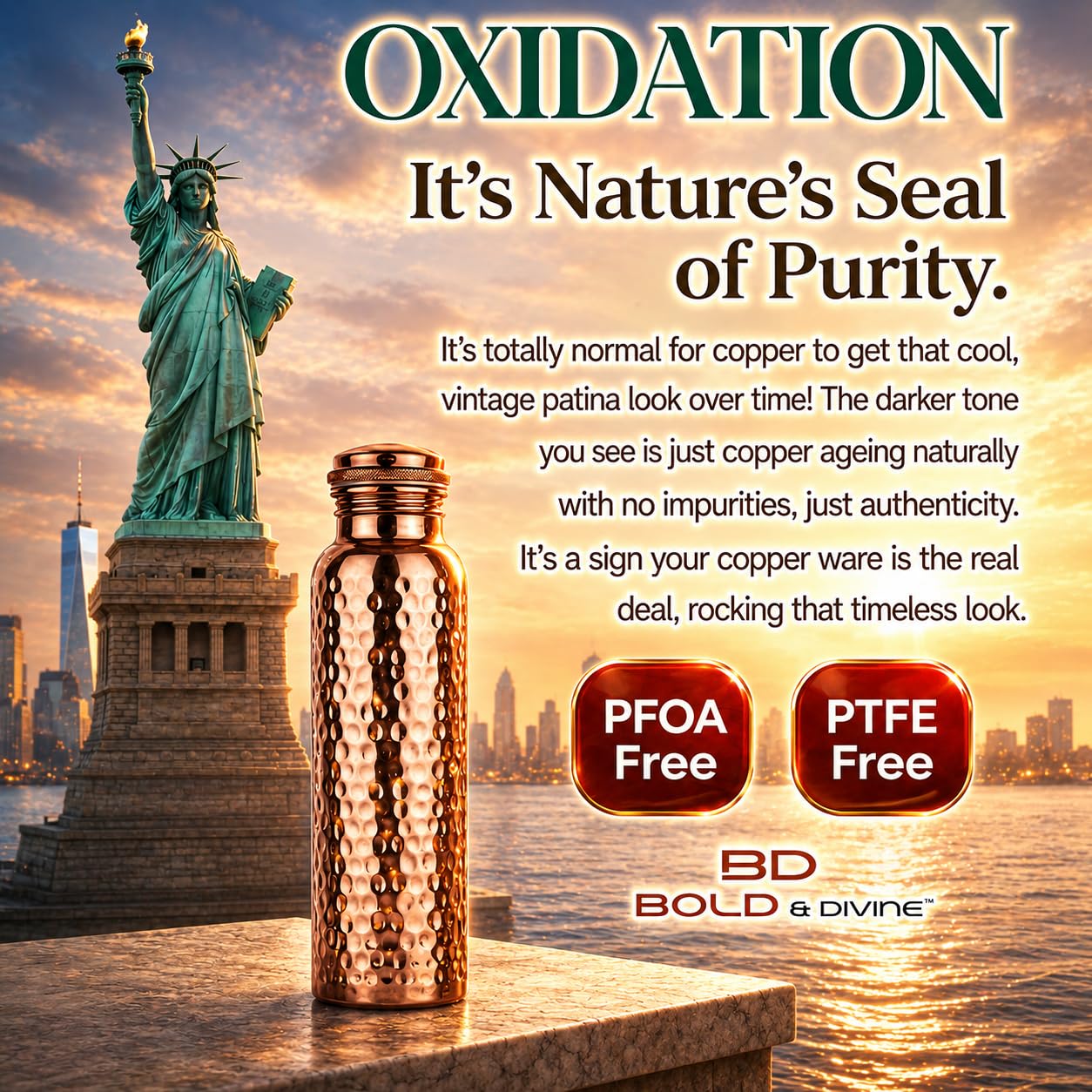 Bold & Divine Premium-Wasserflasche aus reinem Kupfer, gehämmert, Ayurvedische gesundheitliche Vorteile, handgefertigtes Kupfer-Wassergefäß, auslaufsicheres Design, rostfrei, inklusive Tragetasche aus