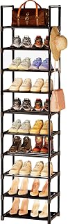10 Tier Tall Shoe Rack for Closet, Narrow Shoe Rack for Entryway, 20-24 Pairs Vertical Shoe Organizer Storage Space Saving,Metal Stackable Shoe Stand Shelf Shoe Tower with Hook Pp Gaskets