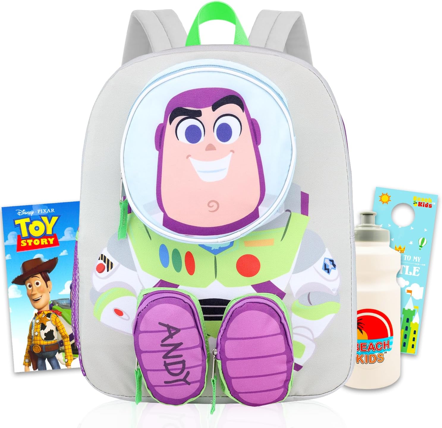 Disney Buzz Lightyear Backpack for School - Bundle 16" Toy Story Bookbag with 3D Front Pockets, Water Bottle, Tattoos, More | Toy Story Buzz Lightyear Bookbag for Kids, Boys, Girls