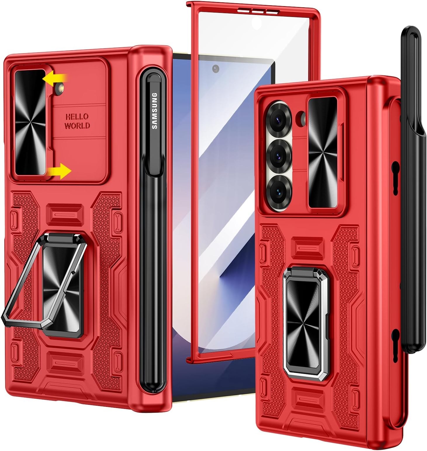 VEGO for Samsung Galaxy Z Fold 6 Case with Stand, [360°Ring Magnetic Kickstand][Removable S Pen Holder][Hinge Protection][Slide Camera Cover] Protective Armor Cover - Red