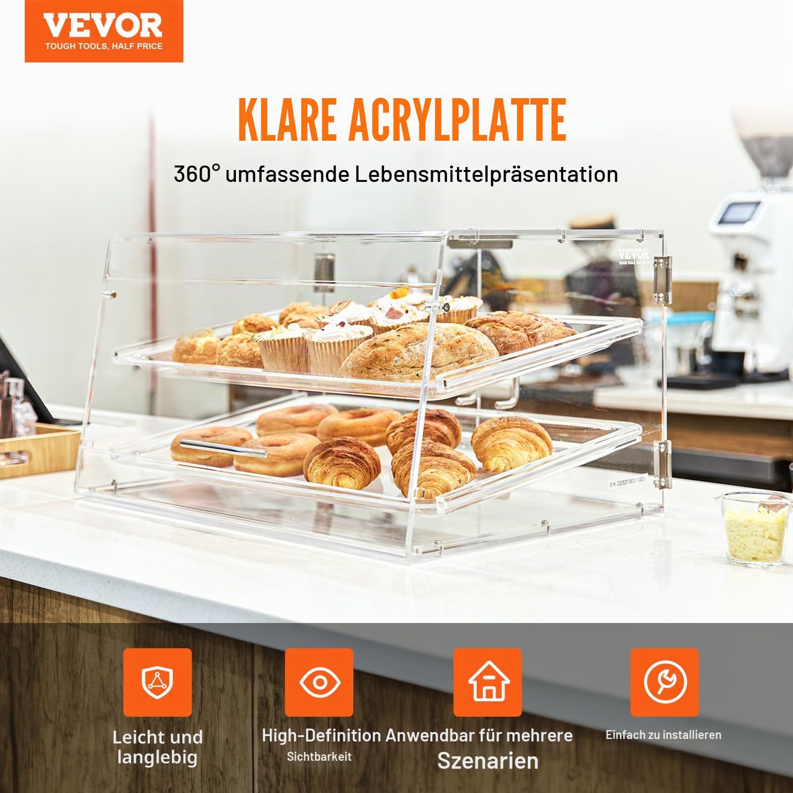 VEVOR 2-stöckige Gebäck-Vitrine, Kommerzielle Tabletts 510 x 350 x 35 mm, Bäckerei-Vitrine, Acryl-Vitrine mit Zugang zur Hintertür und abnehmbaren Regalen, für Donut-Bagels, Kuchen, Kekse usw.