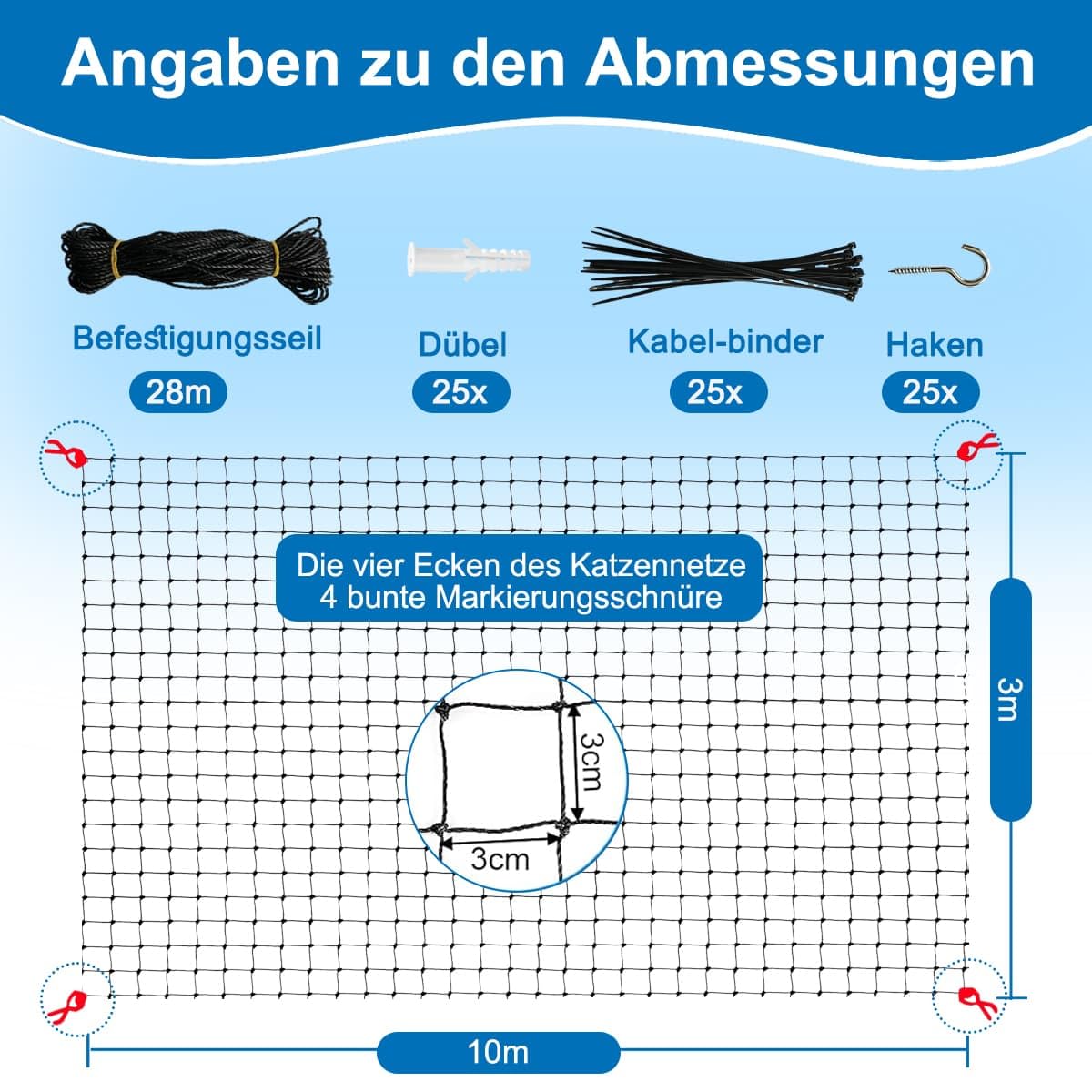 Katzennetz Für Balkon 10x3m,Katzennetz Drahtverstärkt Schwarz,Mit Montagezubehör, Uv-Beständig Langlebig, Für Balkon, Fenster, Zaun Geeignet(10x3m