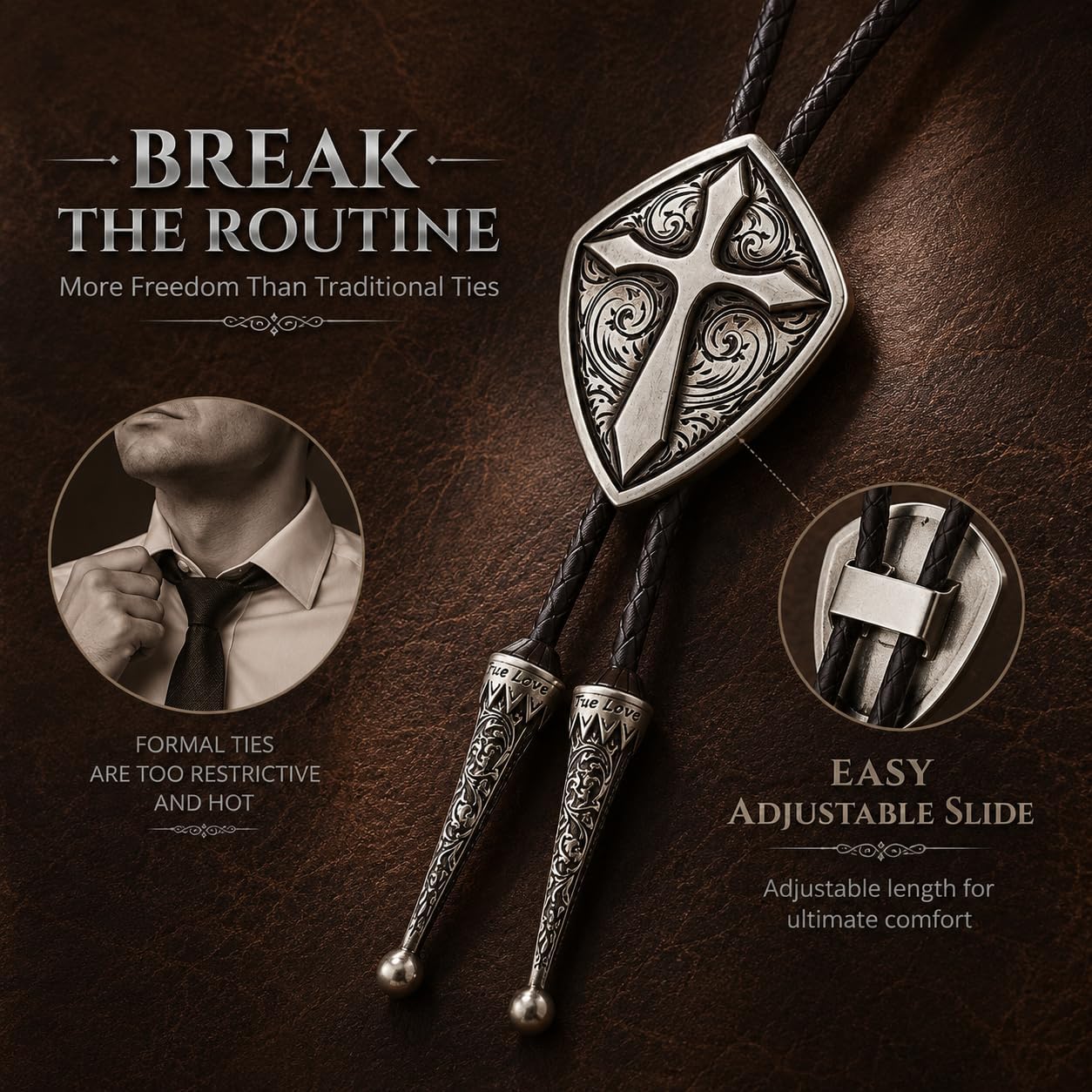 Western Bolo Tie Vintage Cross Shield Pattern Leather Braided Cowboy Necktie Bolo Tie for Men Women