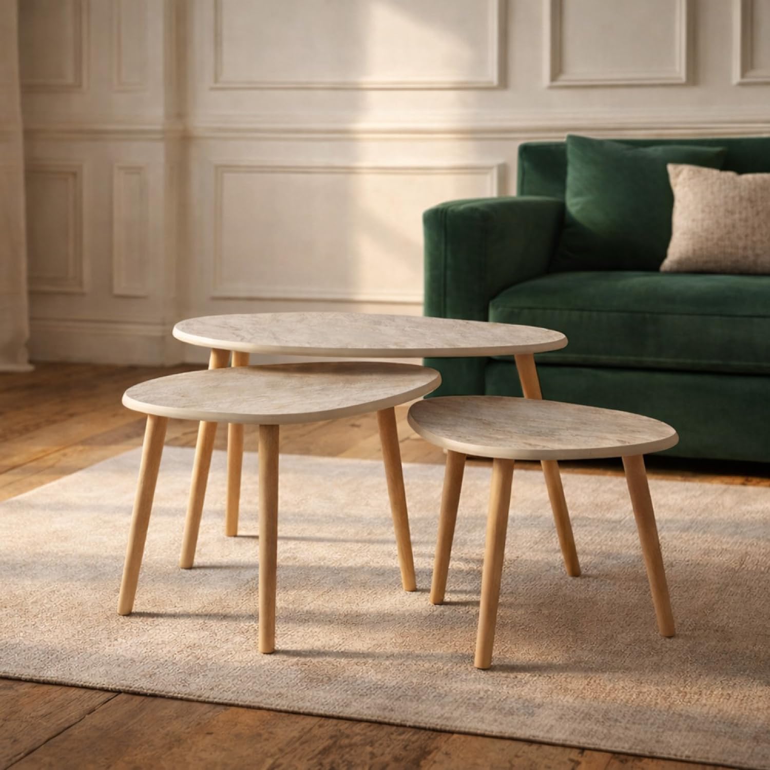 CONCEPTO FÁBRICA | Set 3 Mesas Bajas Gigognes Efecto Travertino Beige Tira | Diseño Elegante y Modulable | Bandeja MDF 1,8 cm | Estilo Contemporáneo | Ahorro de espacio para salón práctico y agradable