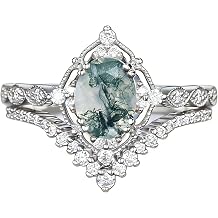 Auldey Natural Moss Agate Ring Set Oval Cut Vintage Moss Agate Rings for Women Gem Bridal Set 925 Sterling Silver Rings with Moissanite Promise Wedding Rings Size