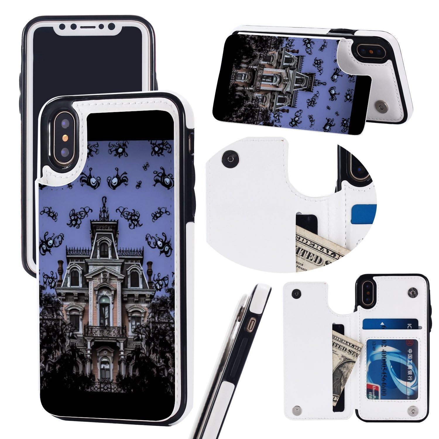 Etui portfelowe na iPhone'a X/XS, Haunted The Mansion nadruki skórzane etui na telefon z klapką z przegródkami na karty