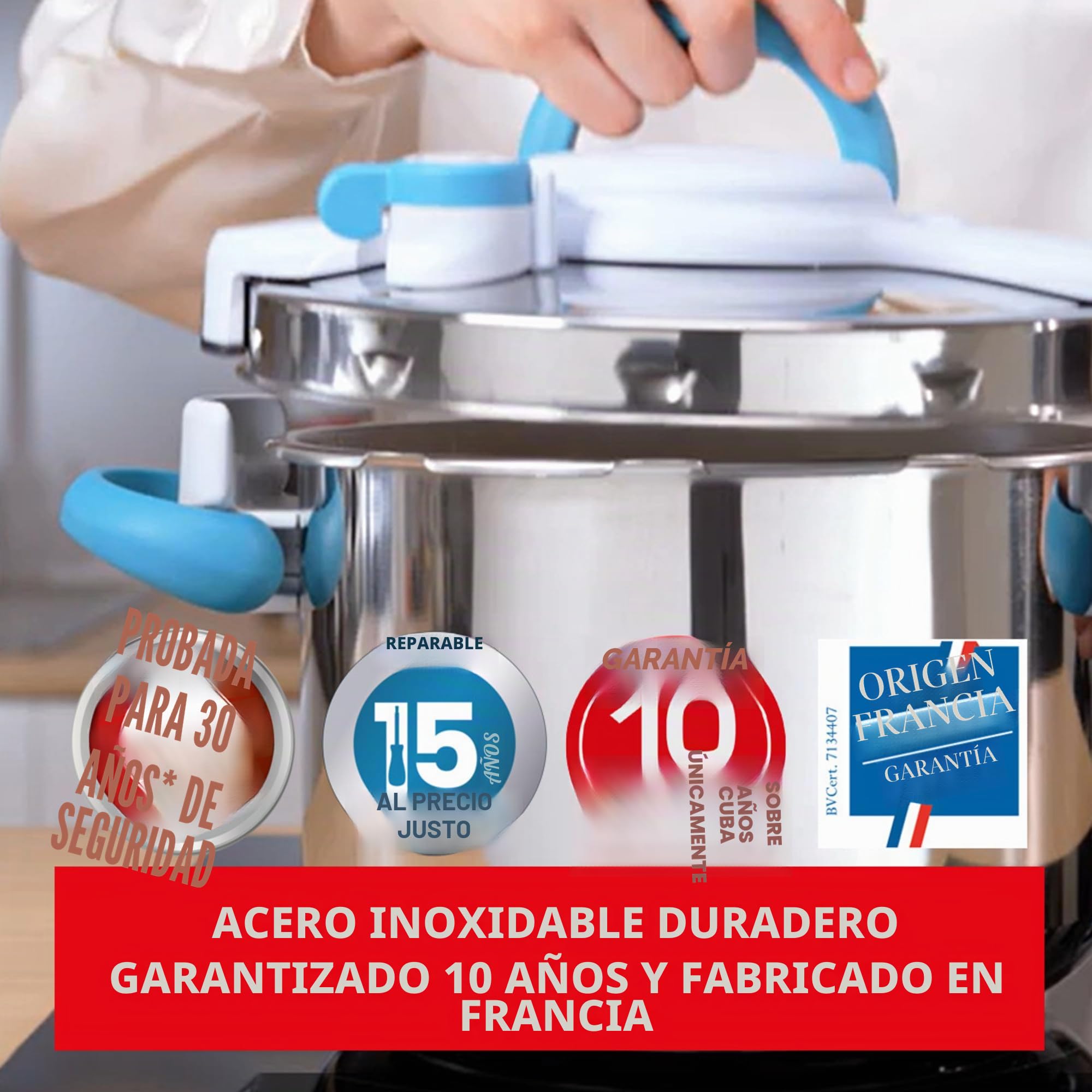 Seb 6 L Pressure Cooker, Induction, Stainless Steel Pressure Cooker, Plegable Handles, 100 Recipe Booklet, Made in France, ClipsoMinut'easy+ Blue P4900716