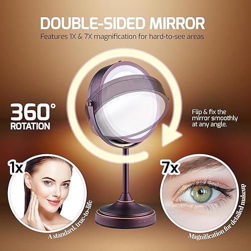 Vista 16 de OVENTE Espejo de maquillaje de mesa de 7 pulgadas con aumento 1X/7X, diseño giratorio de 360° y espejo de tocador independiente de doble cara, Cromo