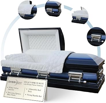 Overnight Caskets Legacy Metal Funeral Casket Blue w/White Velvet Interior