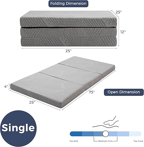 Miniatura 2 de IULULU Colchón plegable de tamaño individual, colchón de espuma viscoelástica de tres pliegues de 4 pulgadas, cubrecolchón plegable con infusión de