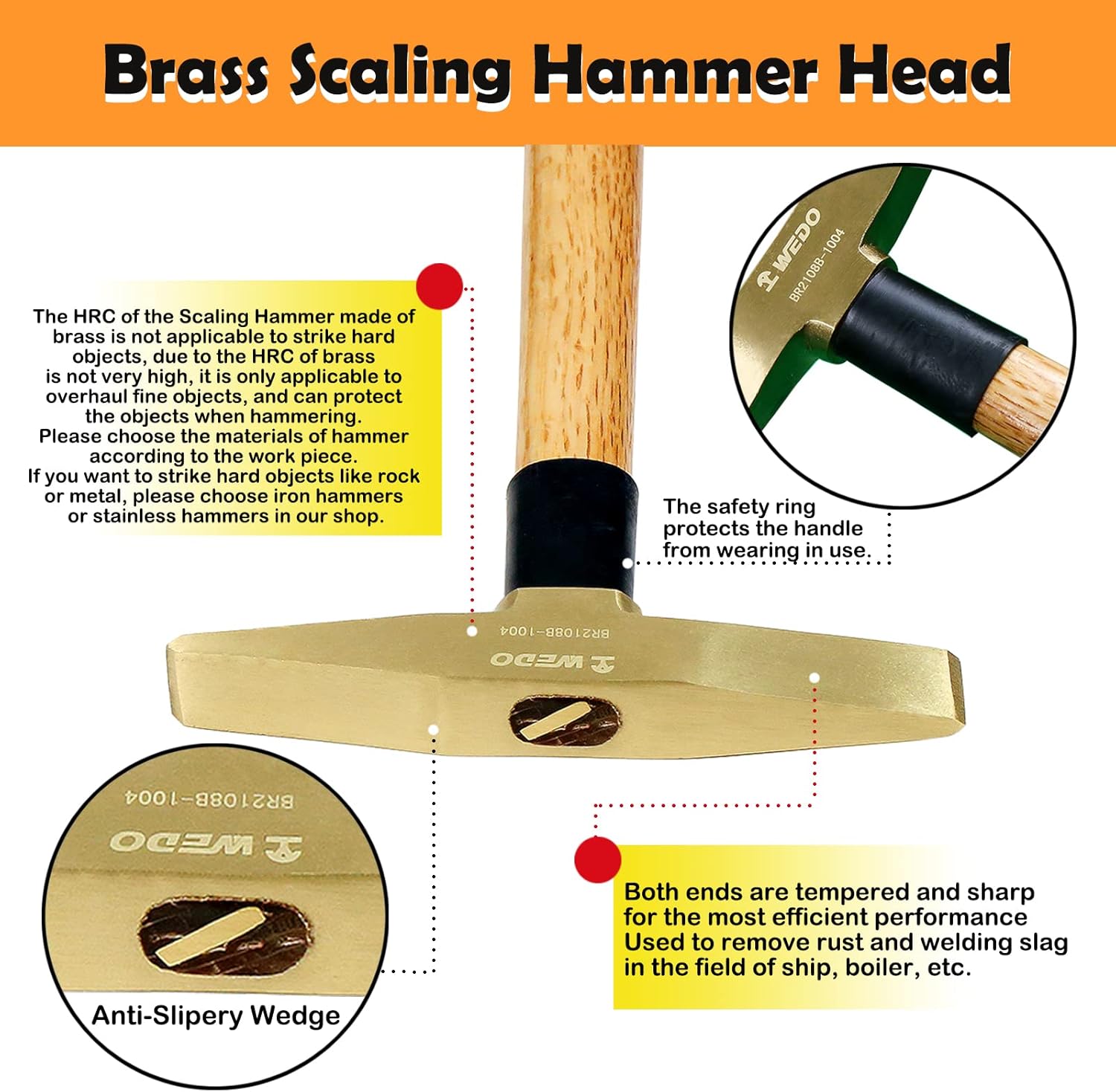 WEDO Brass Welding Hammer 300g, Length 350mm (14"), Scaling Hammer with Wooden Handle, Chipping Hammer