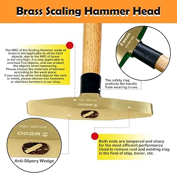 WEDO Brass Welding Hammer 300g, Length 350mm (14), Scaling Hammer with Wooden Handle, Chipping Hammer