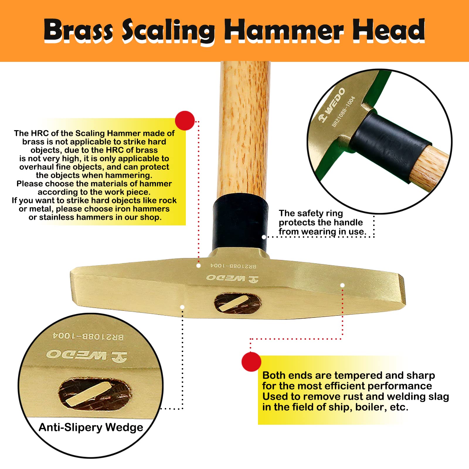WEDO Schweißhammer mit Holzstiel, Messing,300g Schlackenhammer, Schweißerpickhammer Länge 350mm