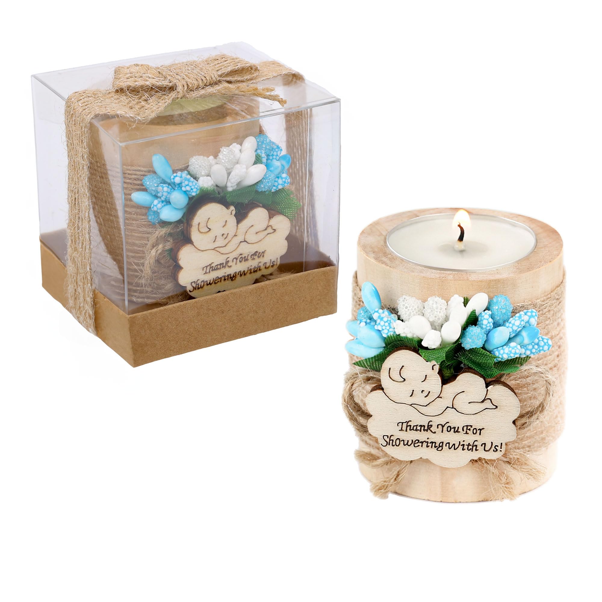 Ju's Favors Wooden Candle Holders (Set of 10), Baby Shower Favors, Boy Christening Favors, Baby Christening Party Favors for Guests.(Light brown-blue)