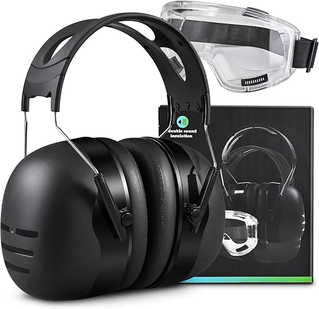 Cieex Ear Defenders Adults Noise Cancelling Ear Defenders Noise Reduction Hearing Protection in High Noise Workking with Safety Goggles (NRR 37dB, Black, Adjustable Headband)