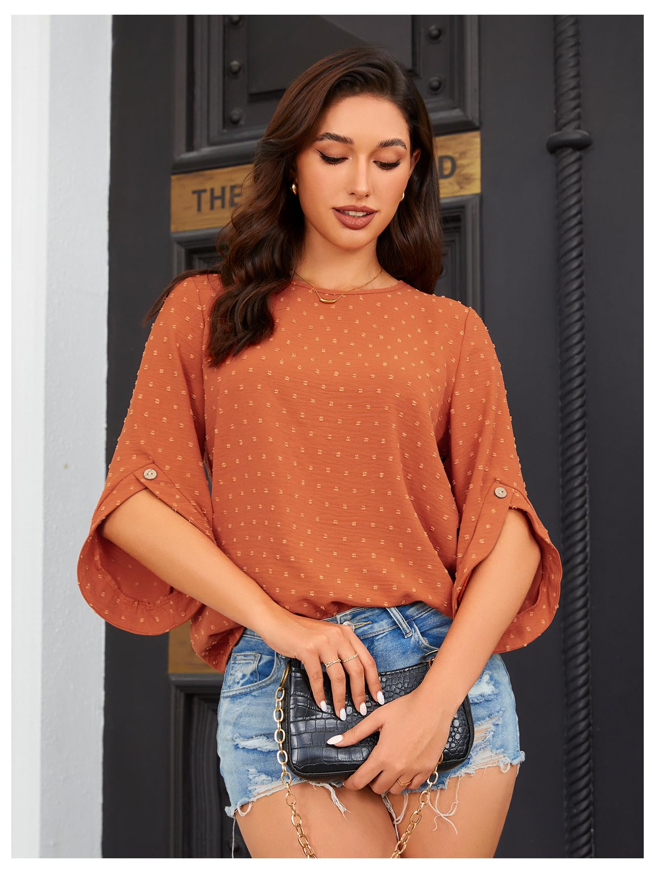 OYOANGLE Women's Dressy Casual Tops Swiss Dots Short Sleeve Chiffon Blouse Summer Work Shirts