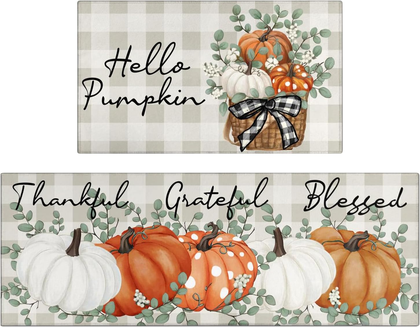 Fall Thanksgiving Pumpkin Kitchen Rugs Set of 2,Eucalyptus Buffalo Plaid Farmhouse Floor Mats and Rugs Non Skid Washable for Kitchen Home Decor (Light Orange Dot 17"x47"+17"x30")