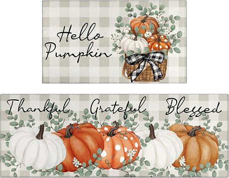 Fall Thanksgiving Pumpkin Kitchen Rugs Set of 2,Eucalyptus Buffalo Plaid Farmhouse Floor Mats and Rugs Non Skid Washable for Kitchen Home Decor Light Orange Dot 17"x47"+17"x30"
