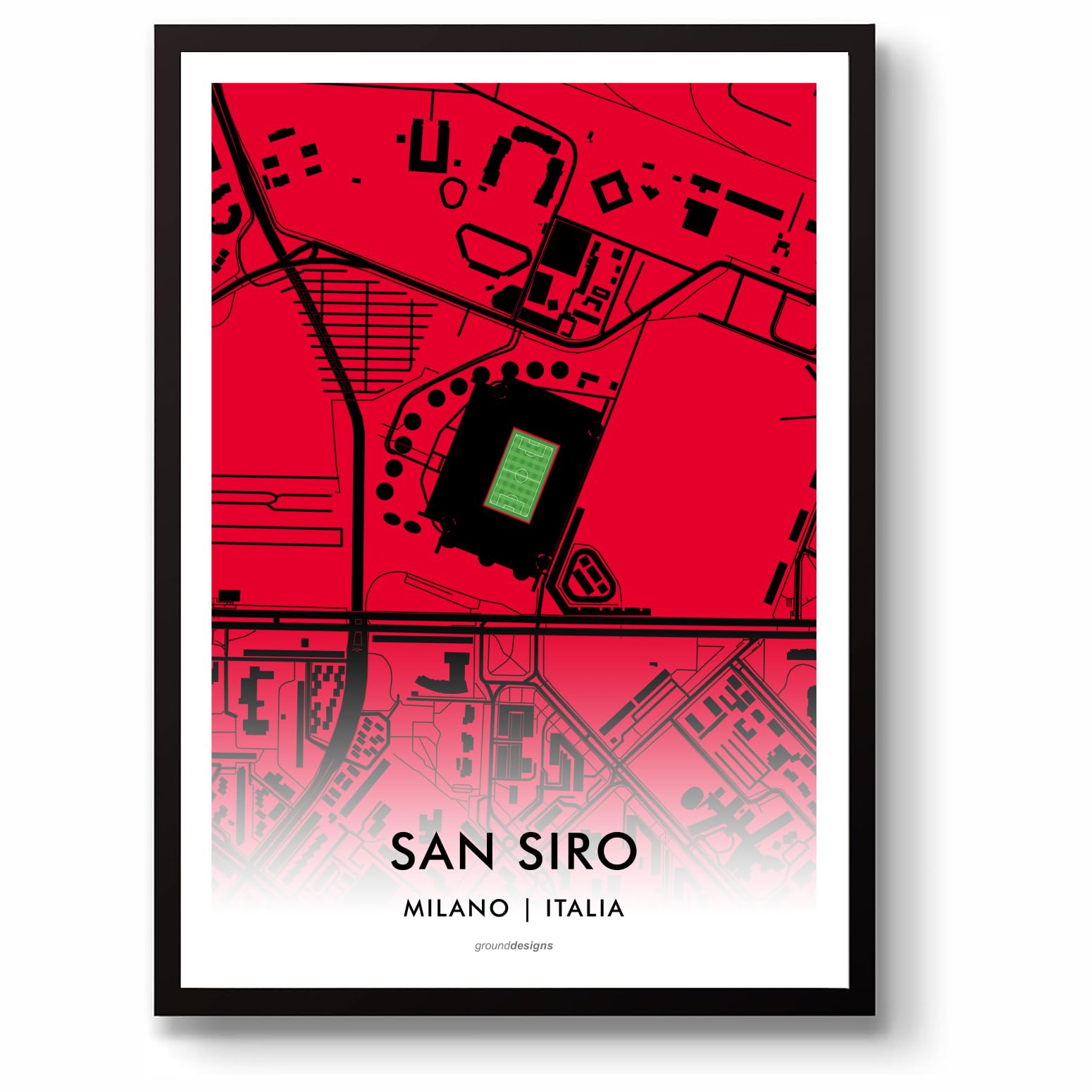 Grounddesigns Men's Red And Black Ac Milan Football Gift San Siro Stadio Giuseppe Meazza Italia 90 Stadium Art Map Unframed A3 Print