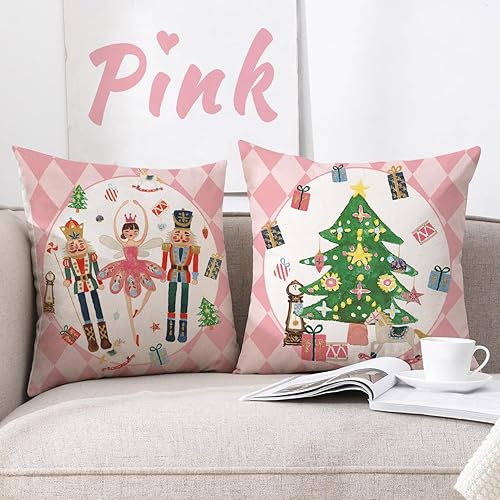 Miniatura 3 de Juego de 4 fundas de almohada rosas de 18 x 18 pulgadas para decoración navideña de cascanueces de color rosa claro para sofá, sofá y muebles de