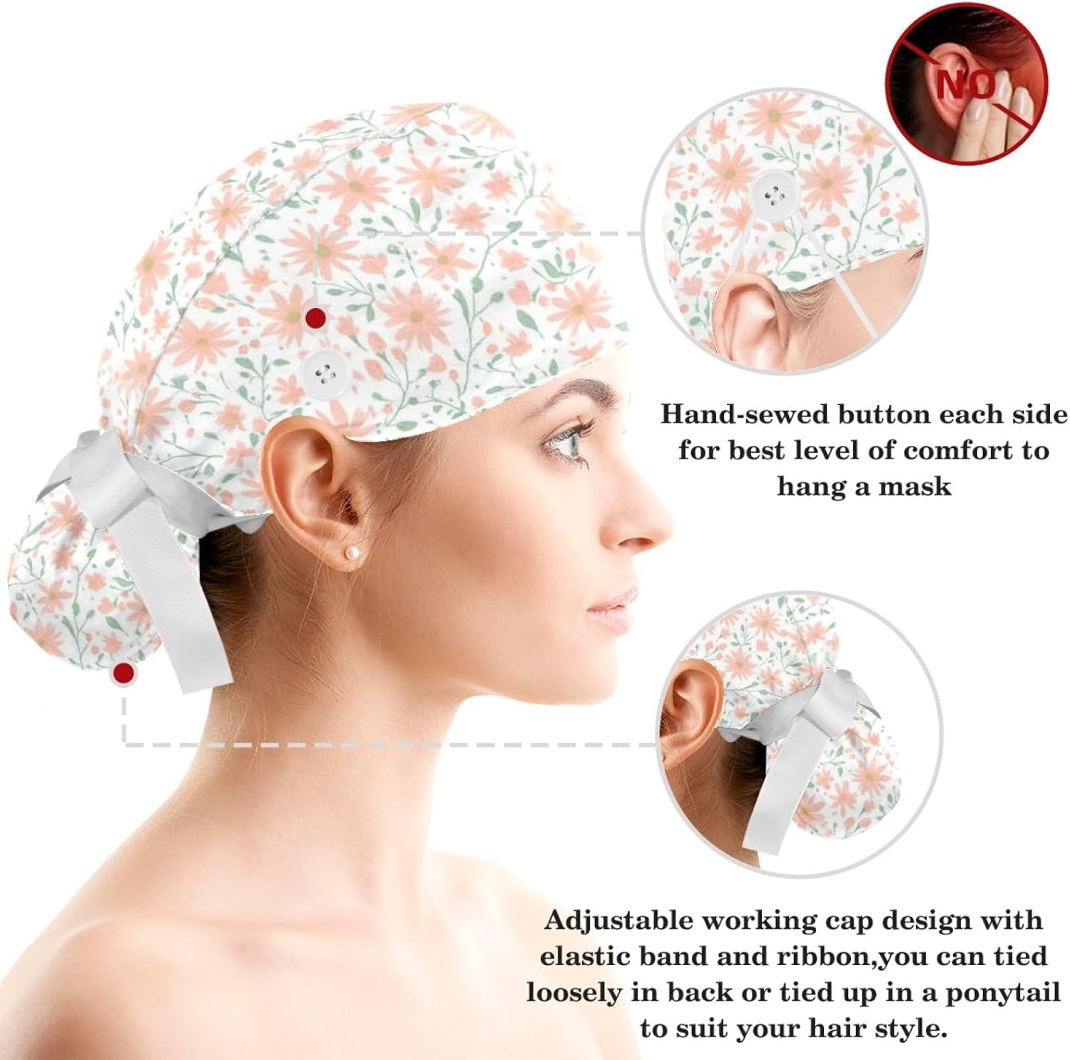 Scrub Caps Women with Button,Adjustable Surgical Caps with Ponytail Pouch,Working Cap with Bow Hair Scrunchy - Image 3