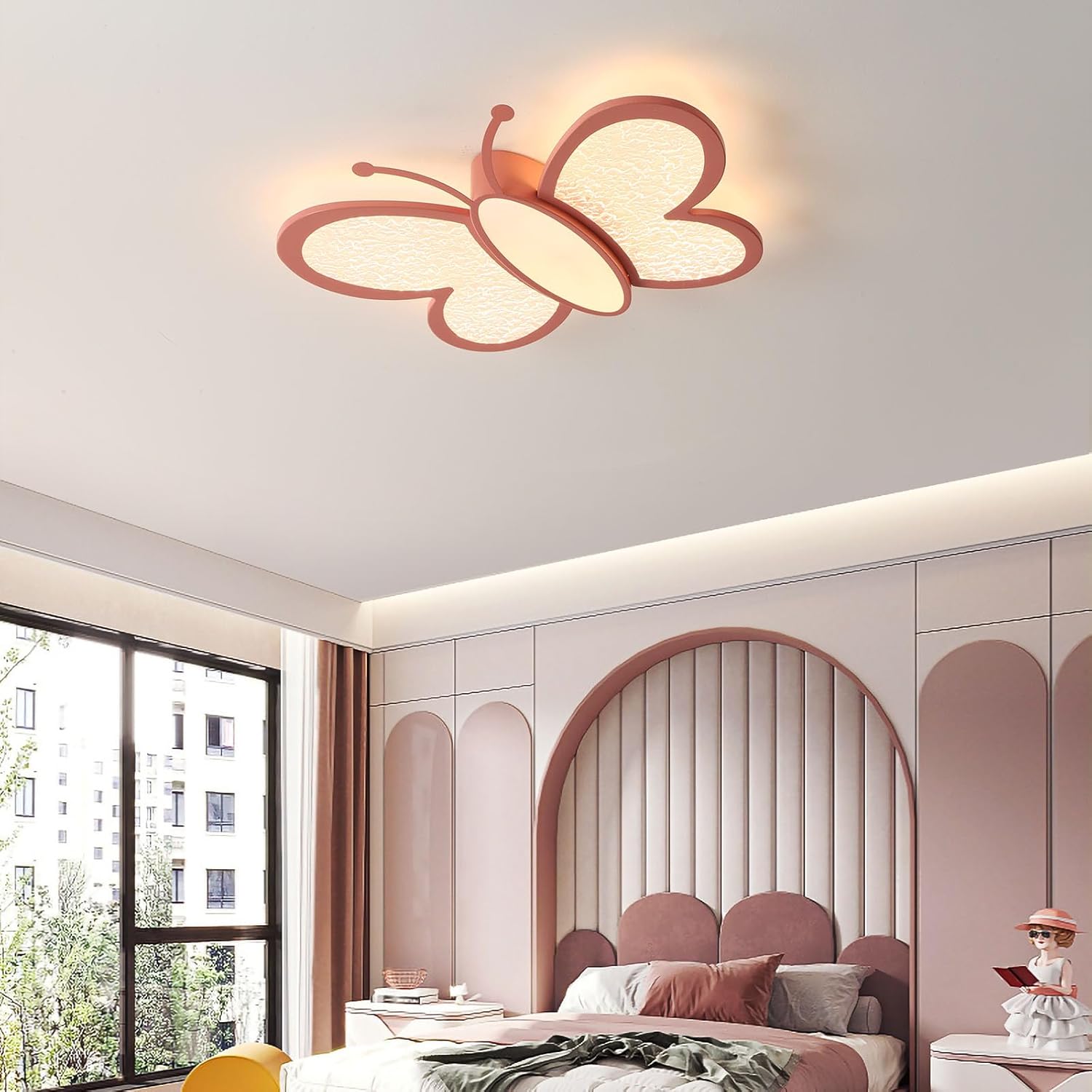 Dimmable LED Flush Mount Ceiling Light Fixture with Remote Control, 18.7Inch 36W Pink Butterfly Modern Ceiling Lamp for Girl Room Baby Kids Room Bedroom Nursery Dining Room Kitchen