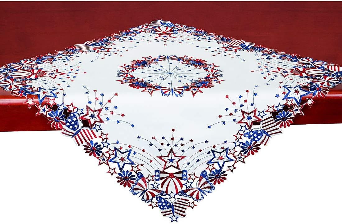 Small Embroidered July 4th Patriotic Square 33-Inches Tablecloth, Toppers, Covers for End Table and Nightstand, for American Independence Day, Memorial Day
