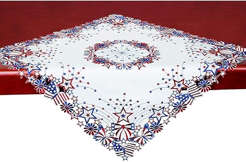 Simhomsen Mantel pequeño bordado del 4 de julio, cuadrado patriótico de 33 pulgadas, cubreplatos, fundas para mesa auxiliar, mesa de té, mesa de Simhomsen Mantel pequeño bordado del 4 de julio, cuadrado patriótico de 33 pulgadas, cubreplatos, fundas para mesa auxiliar, mesa de té, mesa de