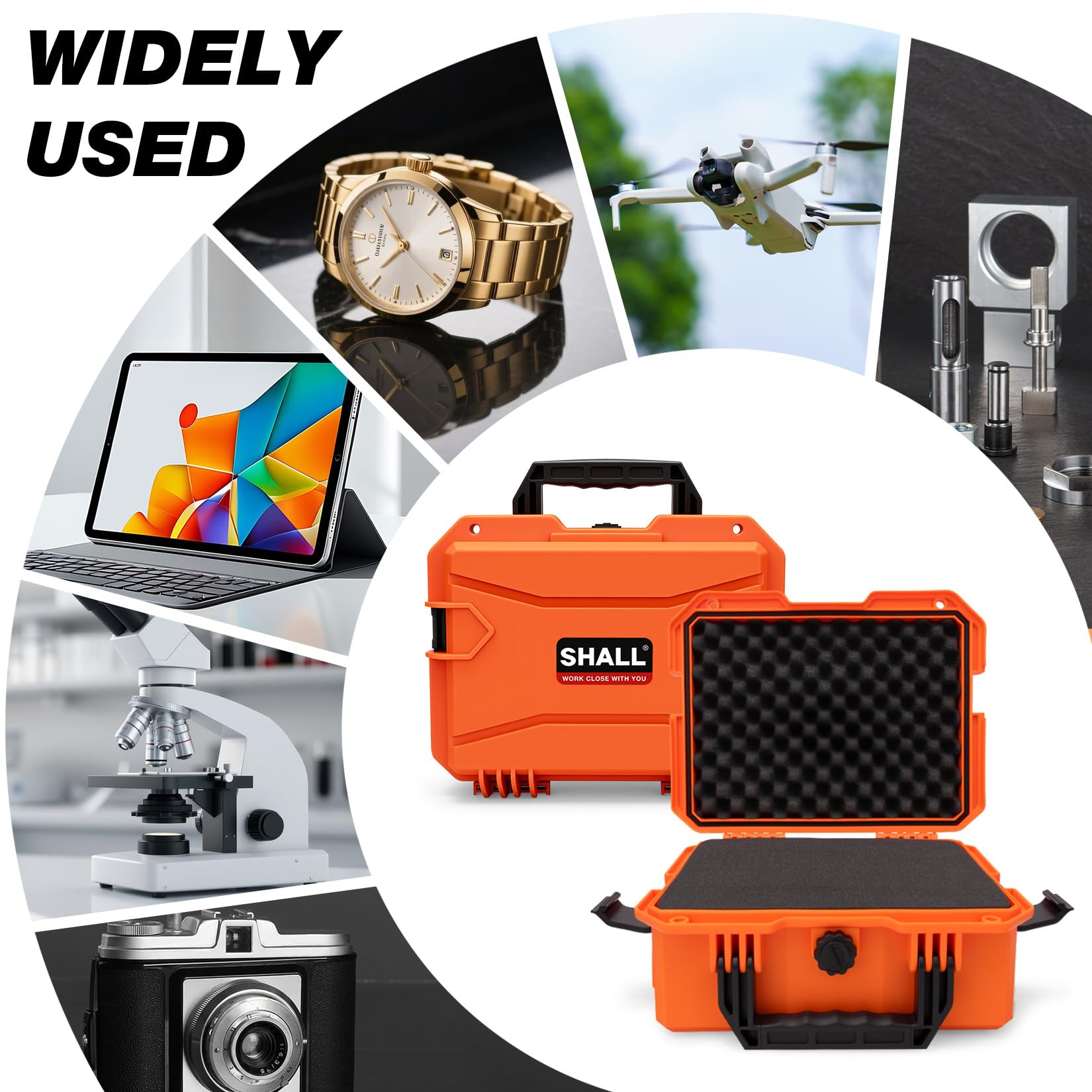 Shall Universal Hard Camera Case (Large), Waterproof, Dustproof and Shockproof Protective Case with Customisable Foam Lining, Suitable for Cameras, Lenses and Electronic Devices, Orange