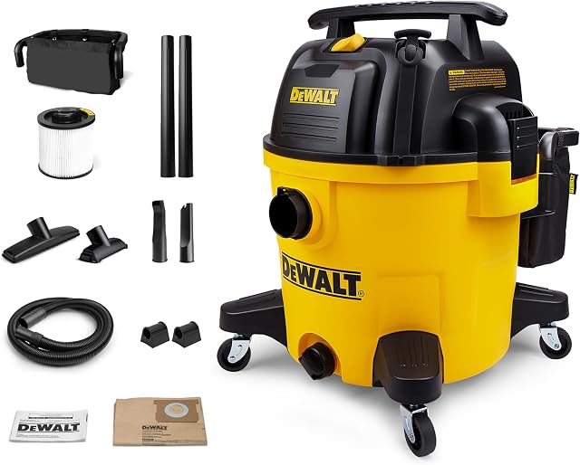 DEWALT 10 Aspirateur et sec Gallon Shop, 5.5 Hauteur maximale HP Nettoyant à vide sec poly humide avec pièces jointes, 2-Stage Moteur, poignée portable / grille avec souffleur de drainage, DXV10PZ pour voiture, Garage, Atelier, Cheveux d'animaux