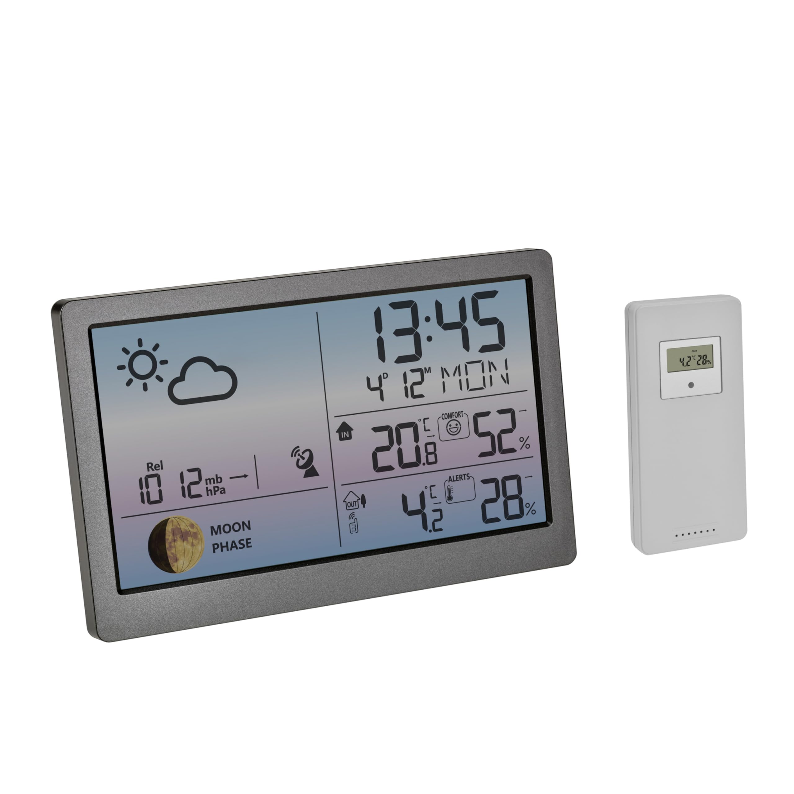 TFA Dostmann stazione meteo digitale con sensore esterno e display a colori LUNA Sky, 35.1169, misuratore di temperatura e umidità, fasi lunari, allarme temperatura esterna, grigio