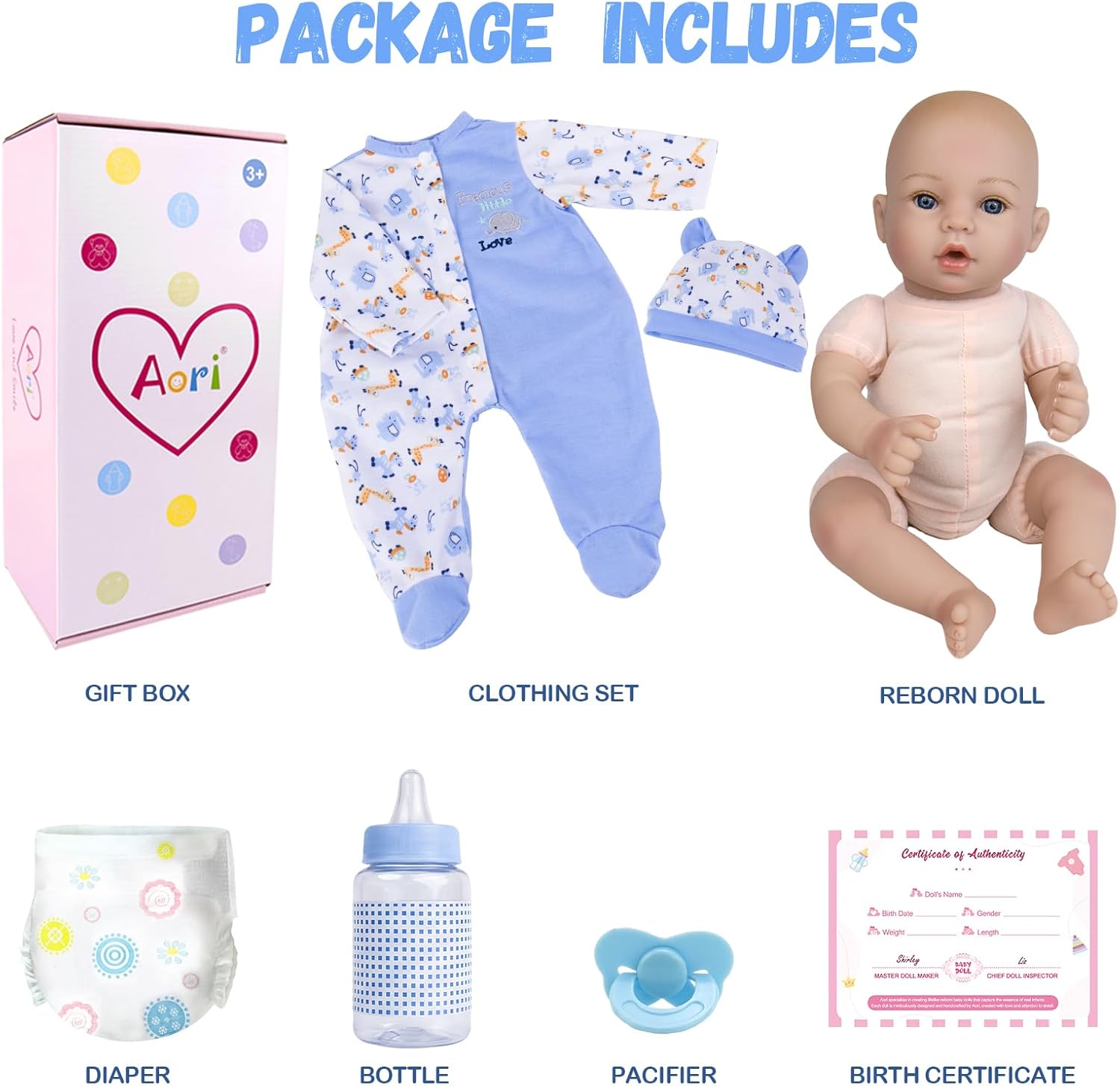 Aori Reborn Baby Dolls Boy - 18'' Realistic Newborn Baby Doll with Blue Feeding Set & Birth Certificate - Lifelike Weighted Body for Role Play, Gift for Kids Ages 3+