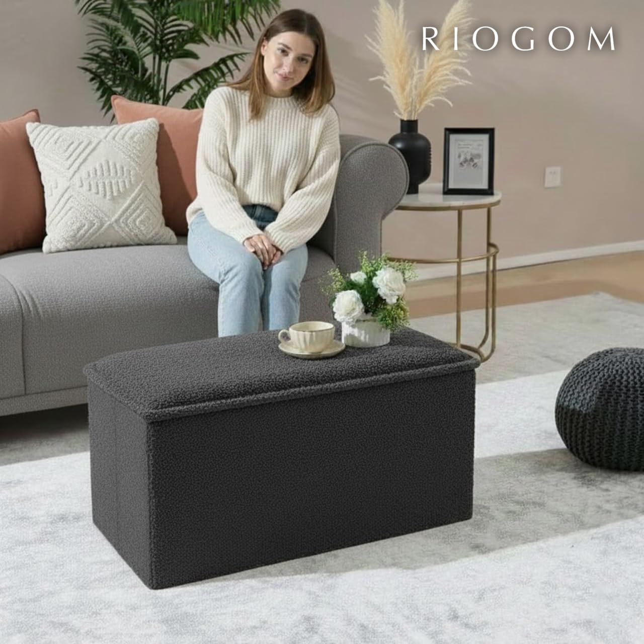 ️ Puff Almacenaje Plegable con Mesa de Madera Reversible Tela Suave | Taburete Reposapies Sofa | Baúl de Almacenamiento para Cama, Dormitorio, salón, Comedor o Recibidor 38x76x38cm (Gris oscu)