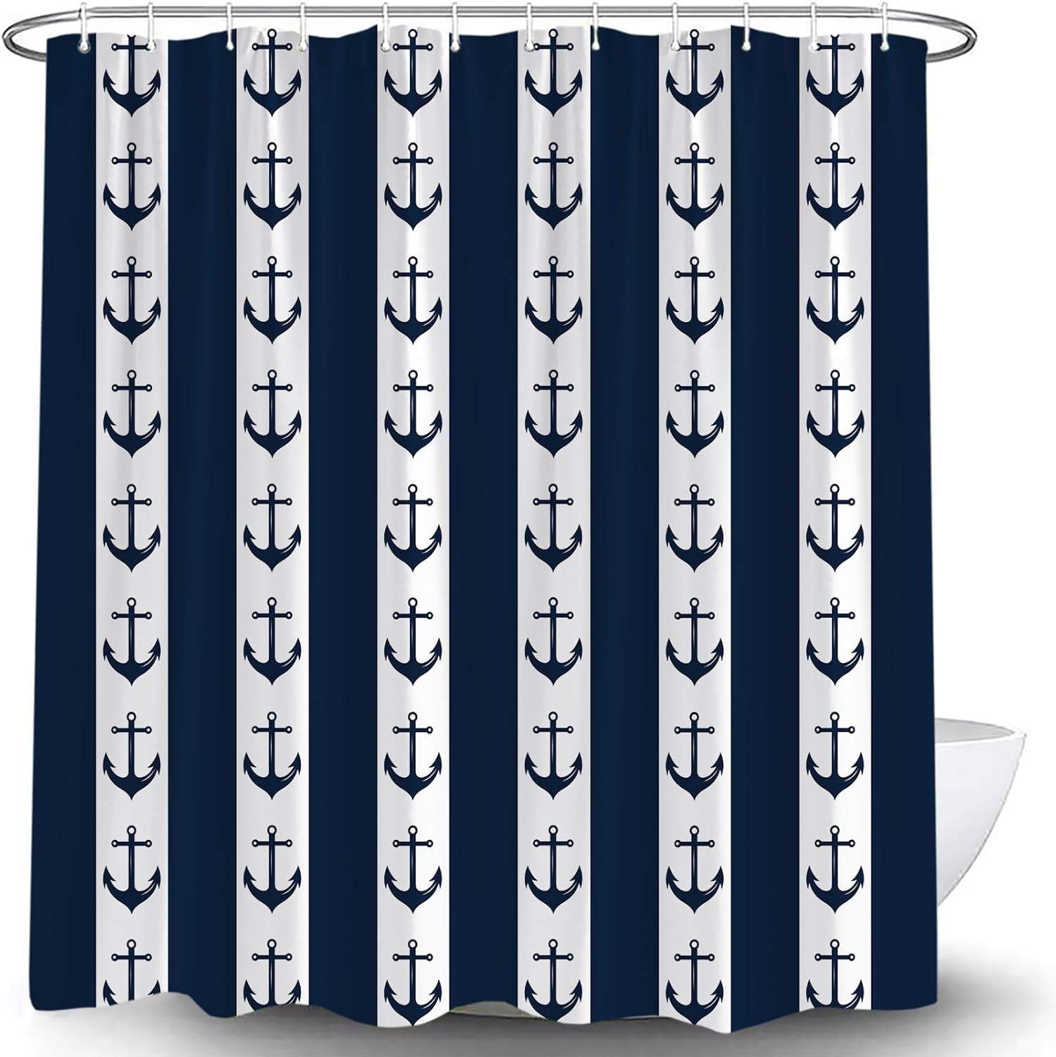 Nautical Anchor Shower Curtain Navy Blue White Stripes Pattern Ocean Theme Modern Adventure Bathroom Curtains Decor with Hooks