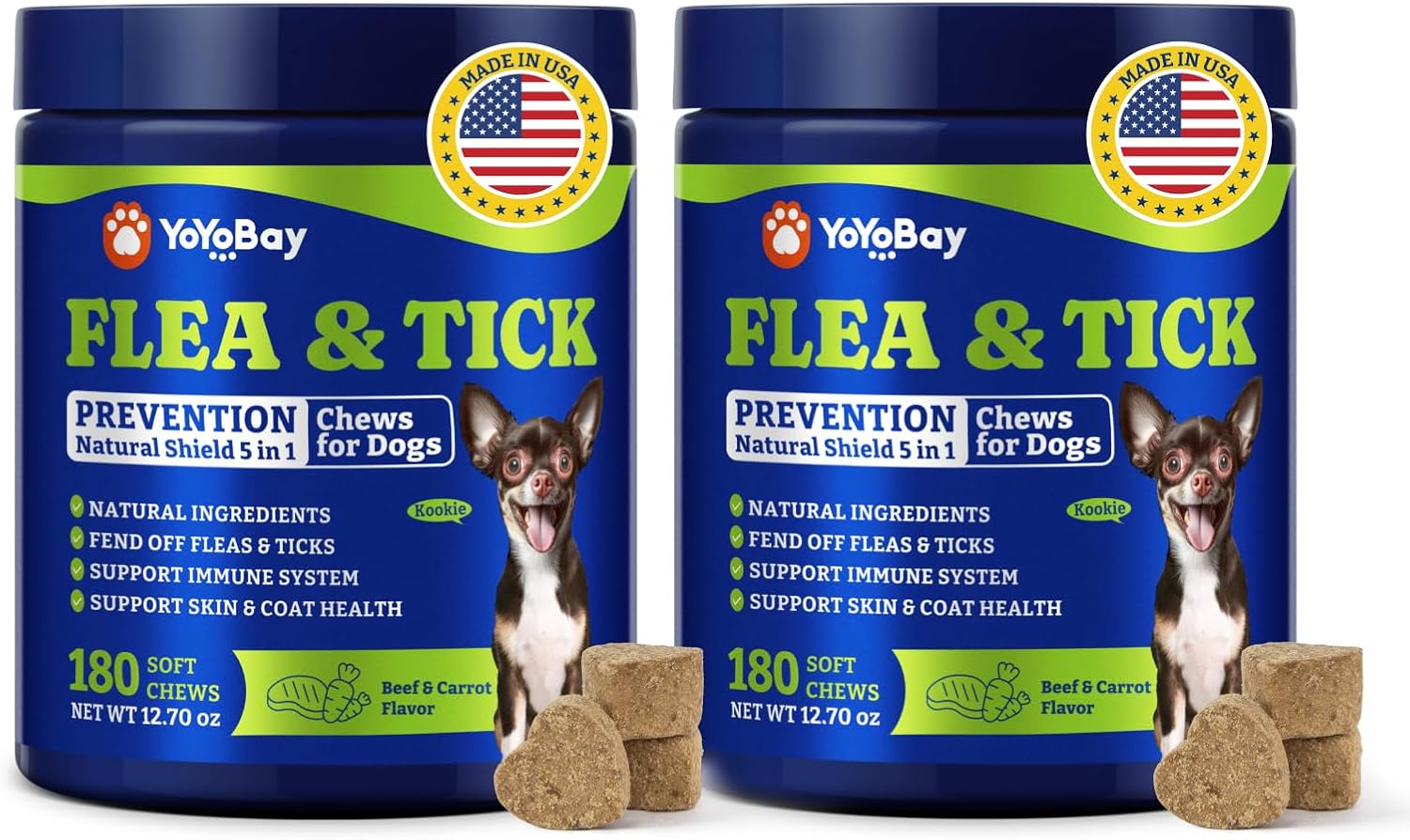 Flea & Tick Prevention for Dogs Chewables, YoYoBay Natural Dog Fleas and Ticks Control Supplement, Dogs Supplement, Natural Shield 5-in-1 Protection, Beef & Carrot Flavor, 180 Soft Chews *2 Pack