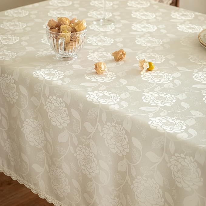 Textured Tablecloth Waterproof Spillproof Lace Trim Rectangle Jacquard Fabric Table Cloth, Kitchen Dinning Tabletop Decoration, Round Table Cover for Outdoor Use 55 x 70 Inch, Ivory White