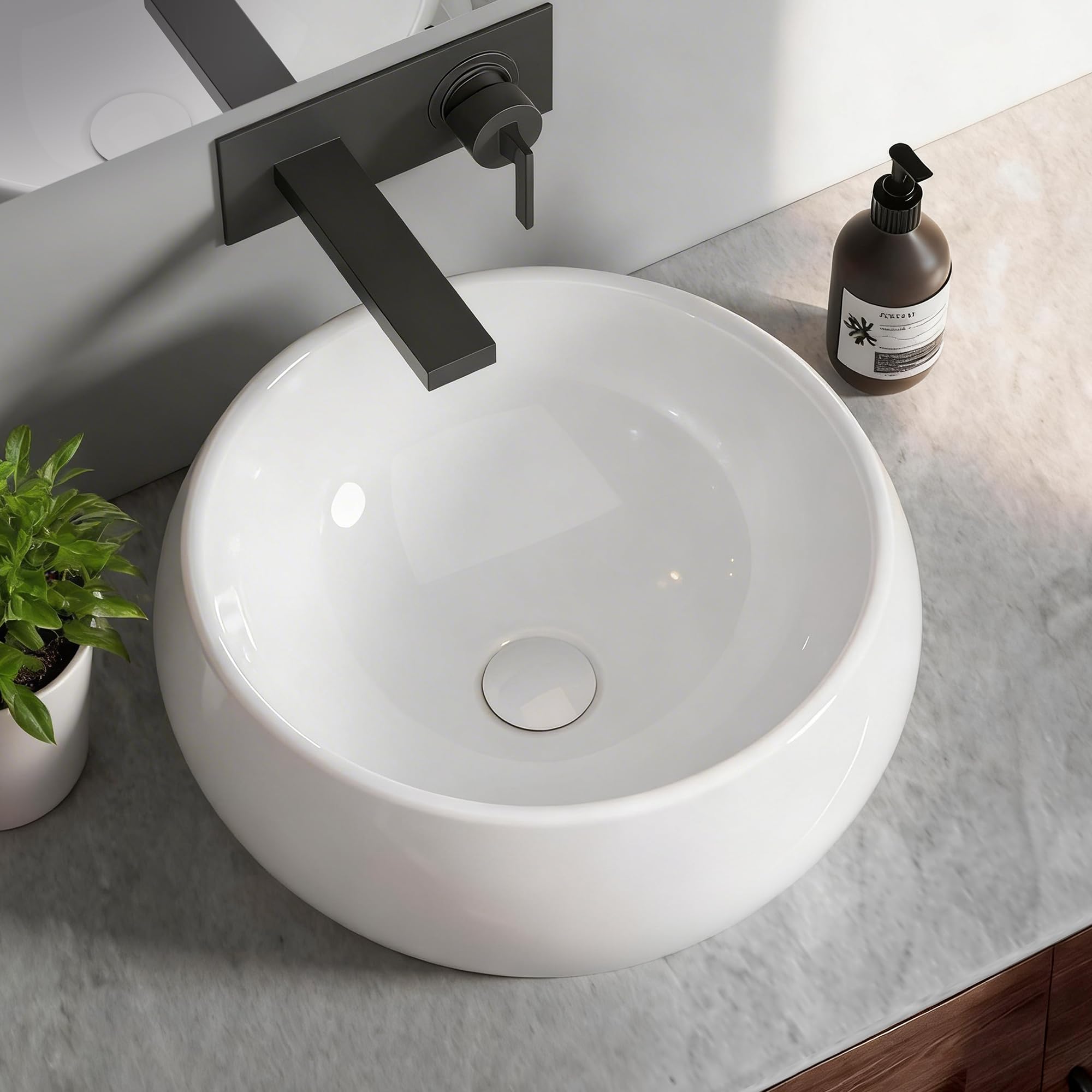 NUESTRA VIDA Lavabo de Cerámica para Baño, Lavabo Sobre Encimera Lavamanos Redondo de Baño 40 × 40 ×15,5cm, Ideal para Poner Sobre Encimera de Muebles de Baños y Aseos